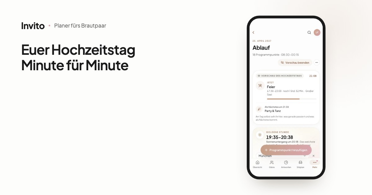 Ablaufplan des Hochzeitstags in der INVITO-App für Brautpaare mit der Karte zur goldenen Stunde