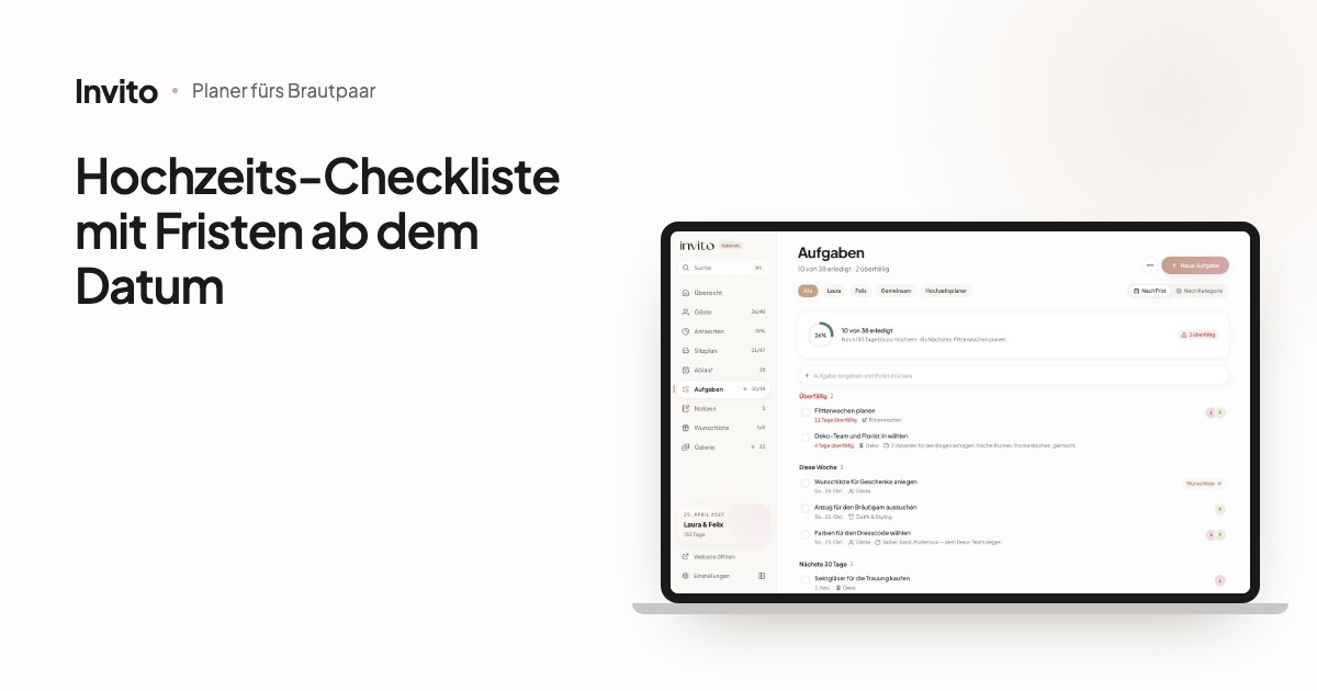 Hochzeit-Checkliste im Brautpaar-Bereich: Aufgaben mit Fristen und Fortschritt