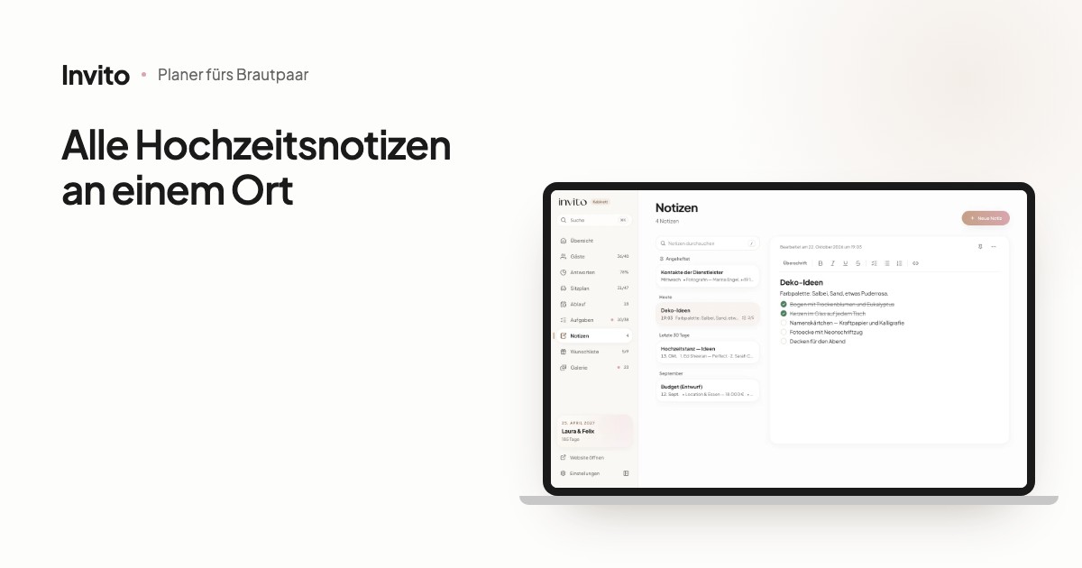 Der Bereich „Notizen“ im Bereich fürs Brautpaar: Liste der Notizen und eine geöffnete Notiz mit Deko-Ideen