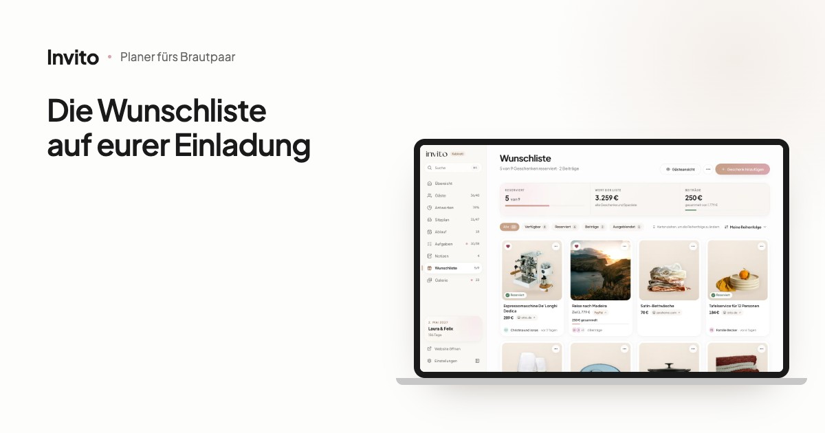 Die Wunschliste im Bereich fürs Brautpaar: Geschenkkarten mit Fotos, Preisen und dem Hinweis „Reserviert“