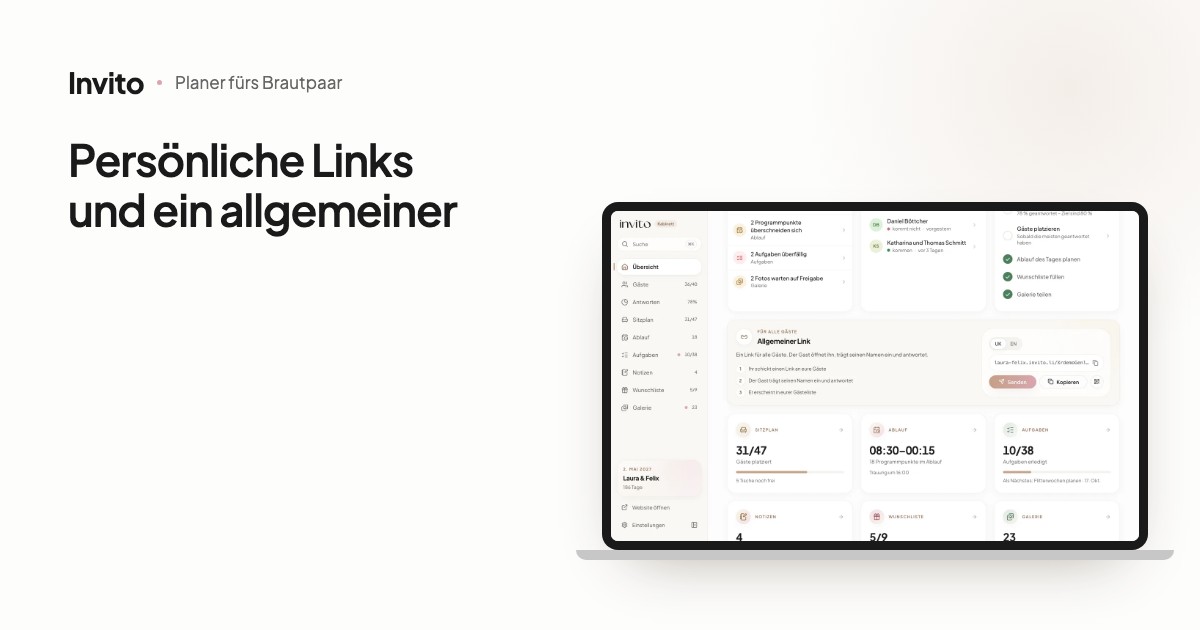 Die Karte „Allgemeiner Link“ im Bereich fürs Brautpaar mit den Buttons „Senden“, „Kopieren“ und QR