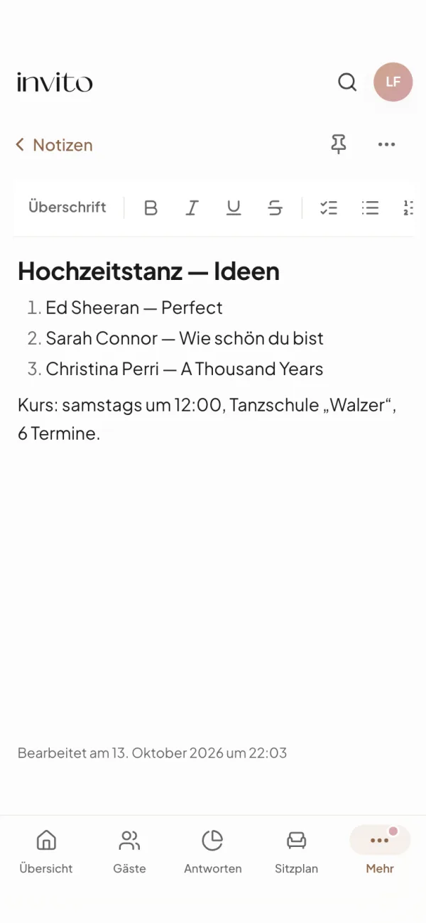 Die Notiz mit den Ideen für den Eröffnungstanz geöffnet am Handy, mit nummerierter Liste und Formatierungsleiste