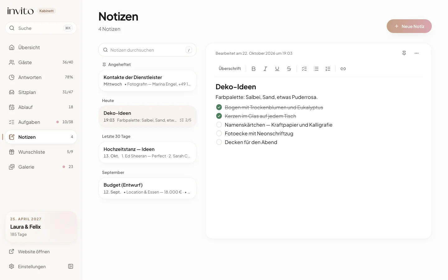 Der Bereich „Notizen“ am Computer: die angeheftete Notiz „Kontakte der Dienstleister“ und die geöffnete Notiz „Deko-Ideen“ mit Checkliste