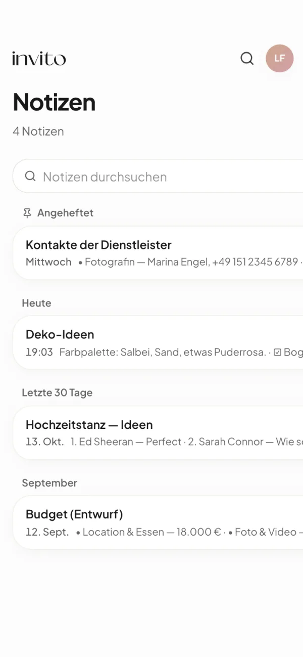 Die Liste der Notizen am Handy mit den Abschnitten „Angeheftet“, „Heute“ und „Letzte 7 Tage“