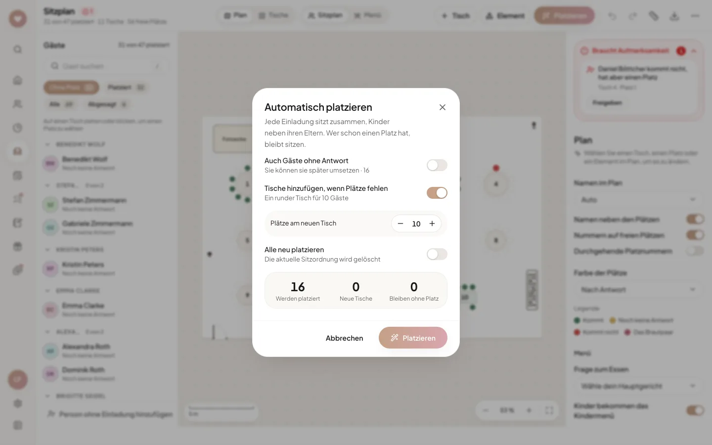 Das Fenster „Automatisch platzieren“ mit Optionen und Vorschau: wie viele Gäste platziert werden, wie viele neue Tische und wie viele ohne Platz bleiben