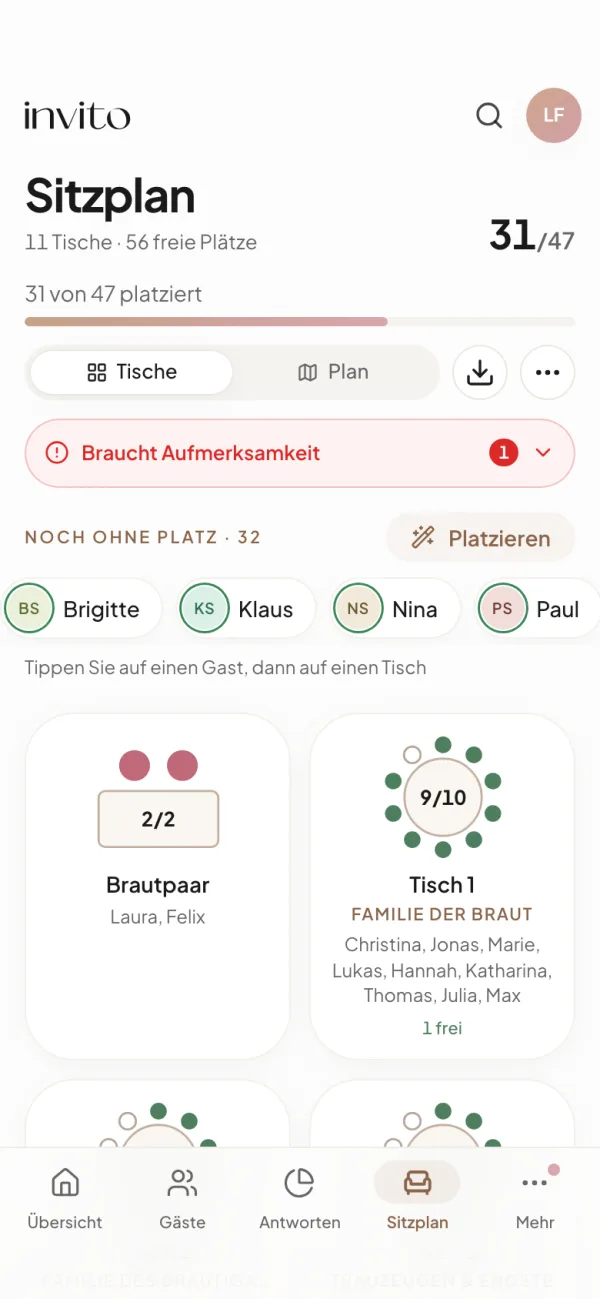 Der Sitzplan auf dem Handy: Zusammenfassung, Gäste noch ohne Platz und Tischkarten mit Namen