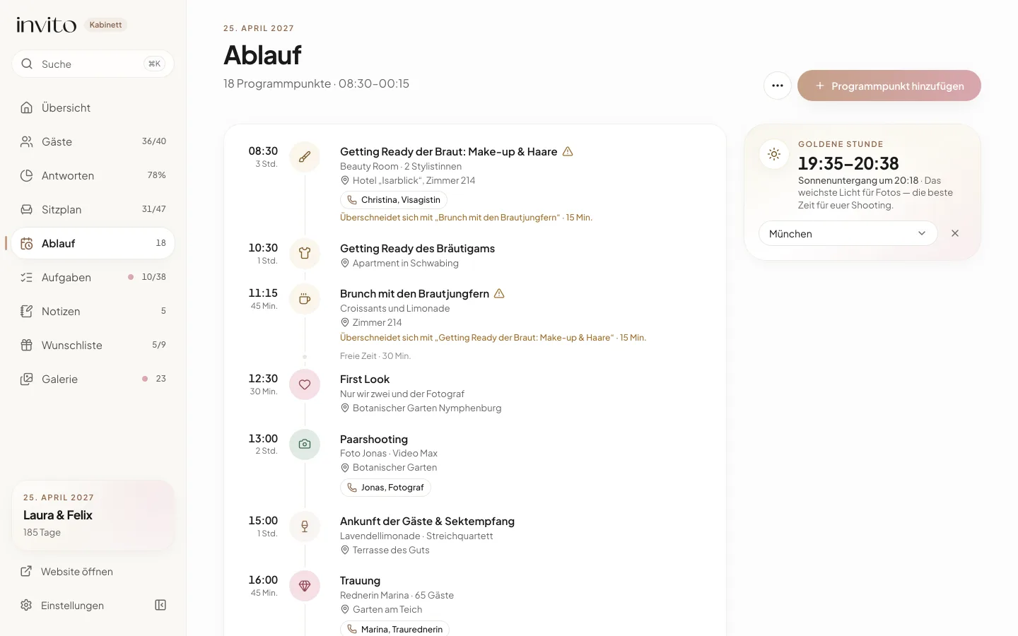 Ablaufplan der Hochzeit am Computer: Programmpunkte nach Uhrzeit und rechts die Karte „Goldene Stunde“