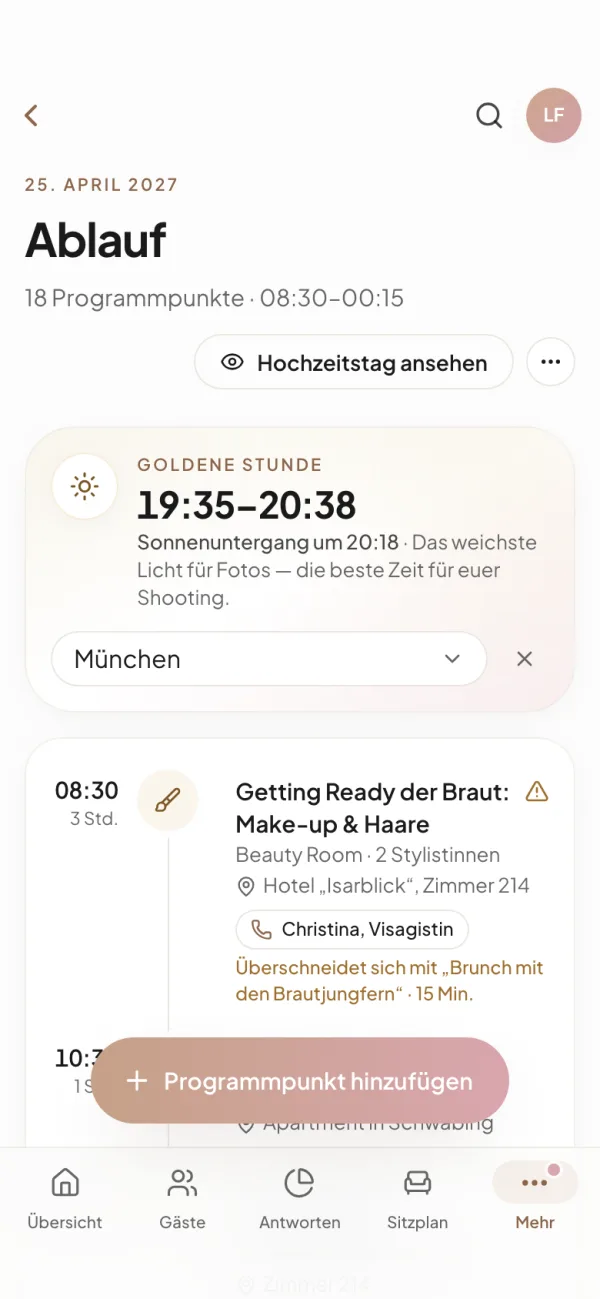 Der Ablauf am Handy: Zahl der Programmpunkte, Karte zur goldenen Stunde und die ersten Punkte des Tages