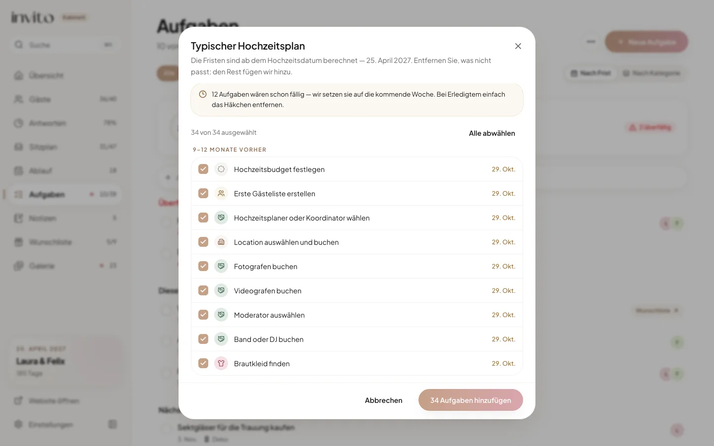Der Dialog „Typischer Hochzeitsplan“: angehakte Aufgaben mit Datum und ein Hinweis auf Aufgaben, die schon fällig wären