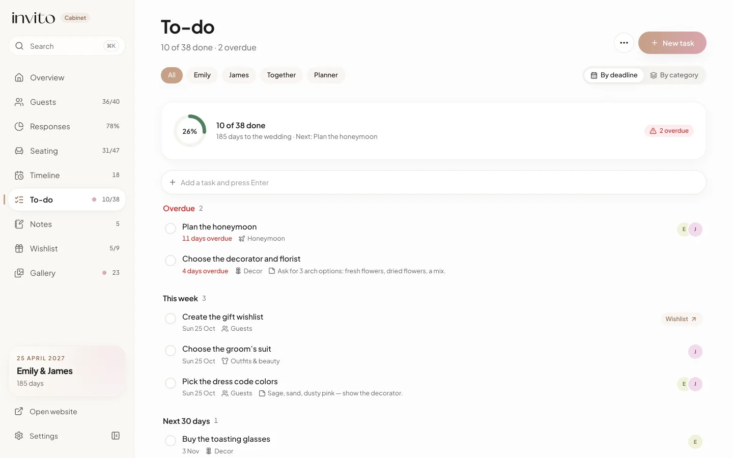 The To-do section on a computer: progress, filters by person and tasks grouped by deadline
