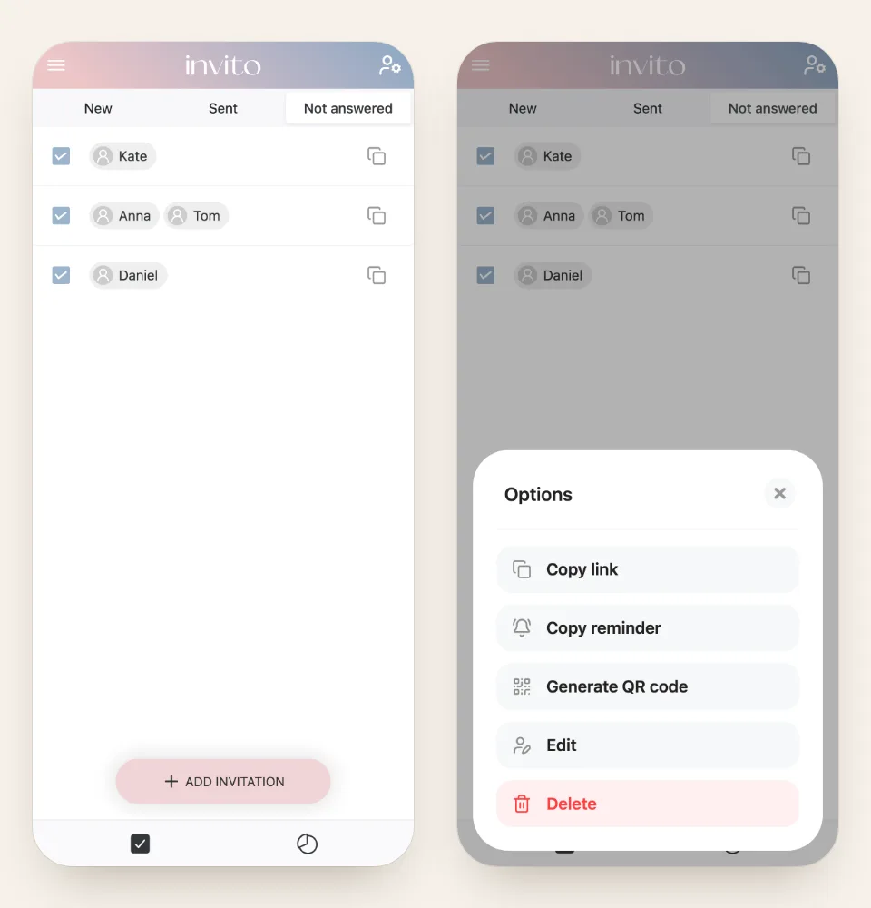 The couple's app: the «Not answered» tab with three invitations, and the invitation menu with «Copy reminder»