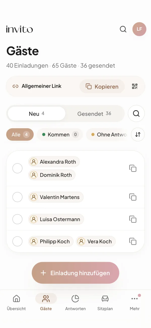 „Gäste“ auf dem Handy: über der Liste der Einladungen die Leiste „Allgemeiner Link“ mit den Buttons „Kopieren“ und QR