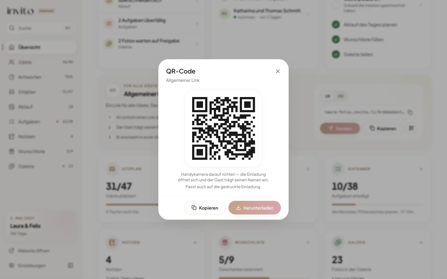 Das Fenster mit dem QR-Code des allgemeinen Links und dem Hinweis zur gedruckten Einladung