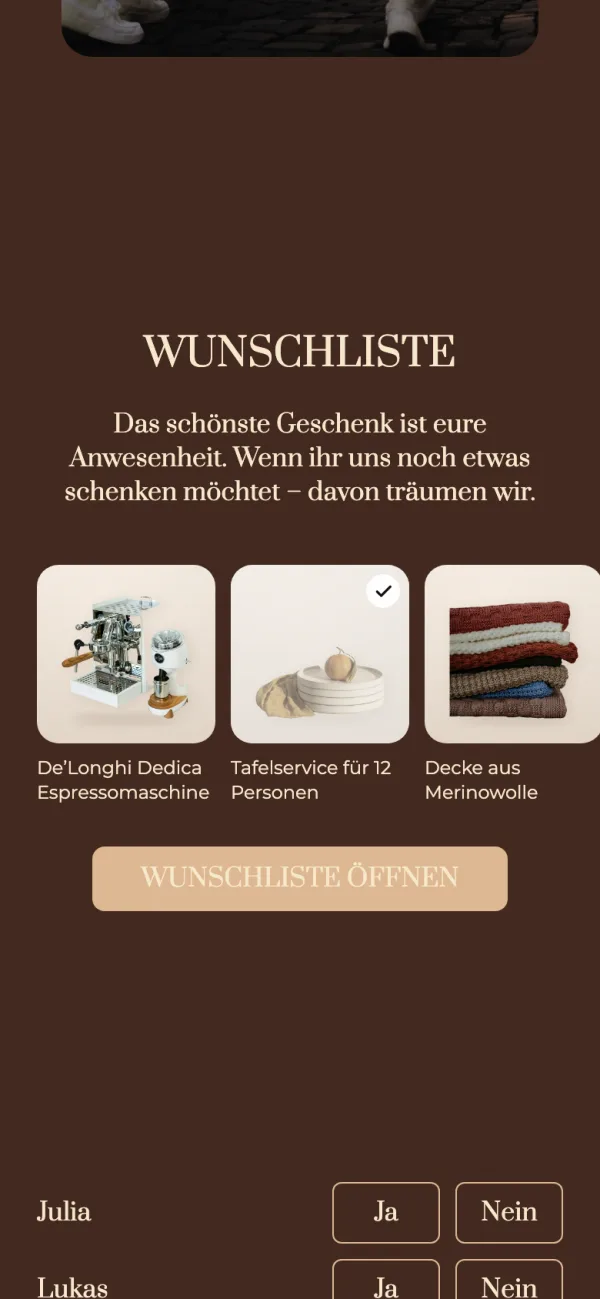 Der Wunschlisten-Block auf der Einladungsseite im Handy eines Gastes: Überschrift, Text, eine Reihe Geschenkkarten und eine Schaltfläche