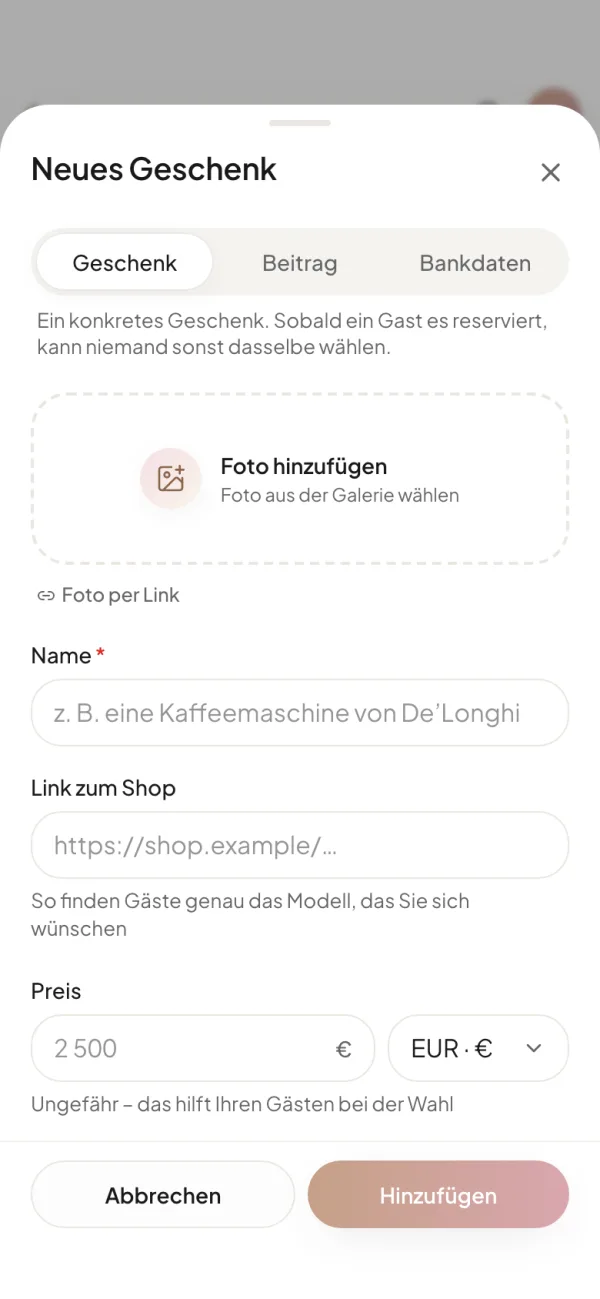 Der Editor für ein neues Geschenk auf dem Handy: Reiter „Geschenk“, „Beitrag“, „Bankdaten“, Fotofeld, Name, Link zum Shop und Preis mit Währung