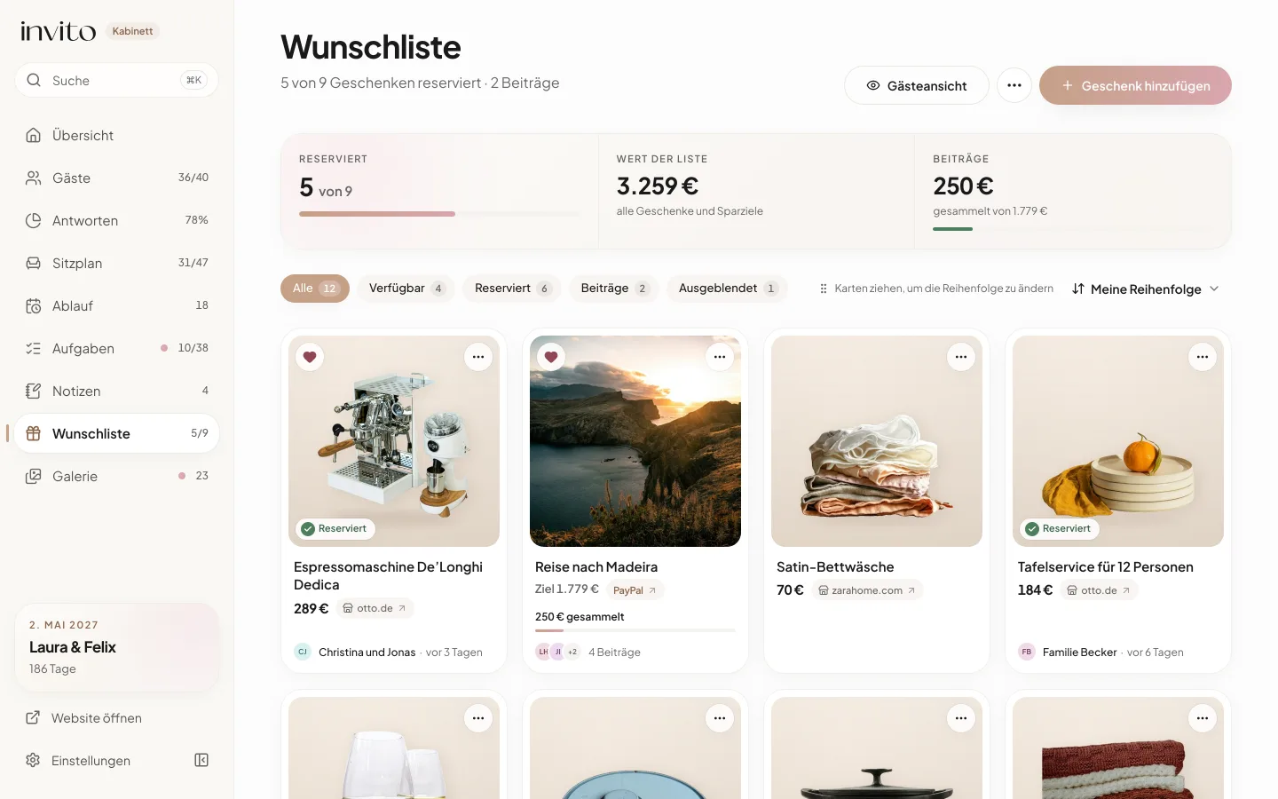Die Wunschliste im Bereich fürs Brautpaar am Computer: Übersicht der Reservierungen, Filter und Geschenkkarten mit dem Hinweis „Reserviert“ und Namen der Gäste