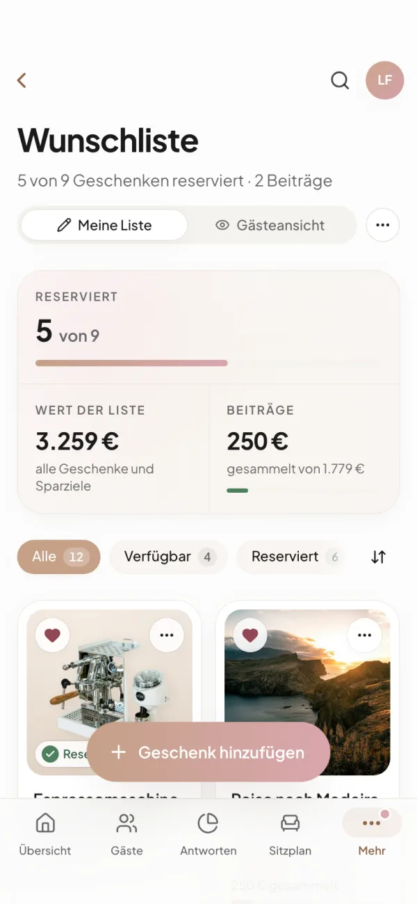 Die Wunschliste im Bereich fürs Brautpaar auf dem Handy: Übersicht der Reservierungen und Geschenkkarten