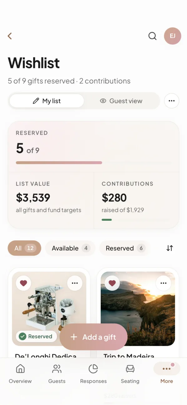 The wishlist in the couple’s app on a phone: a reservation summary and gift cards