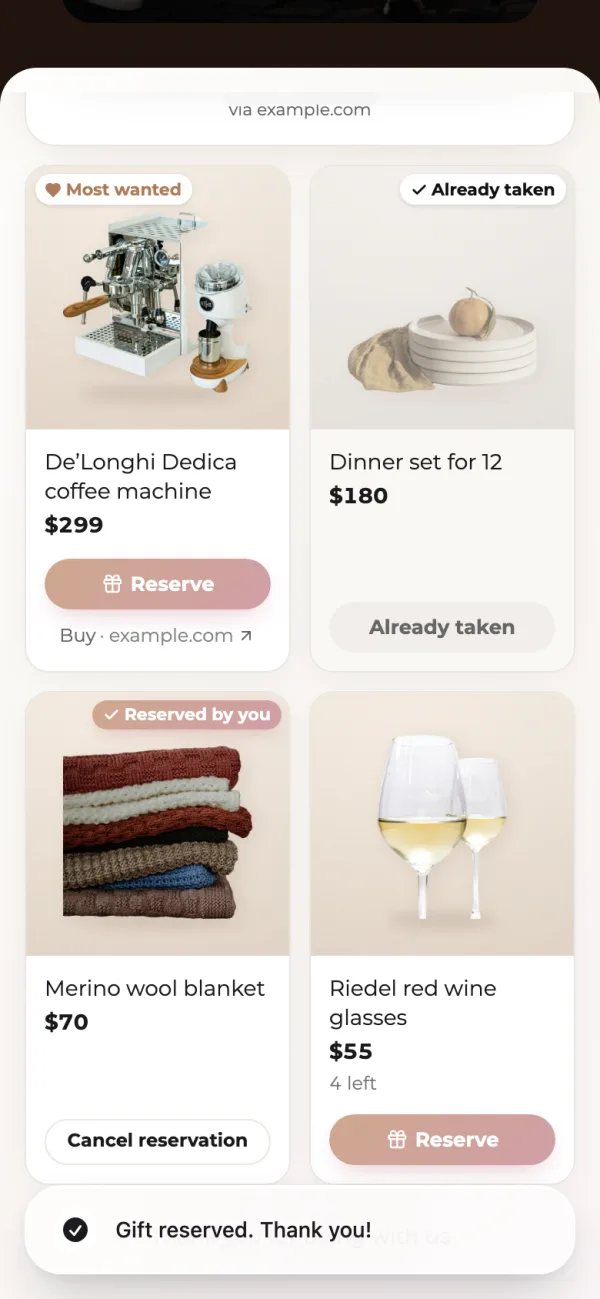 The list on a guest’s phone after reserving: the blanket shows Reserved by you and a Cancel reservation button, the dinner set Already taken, the glasses 4 left